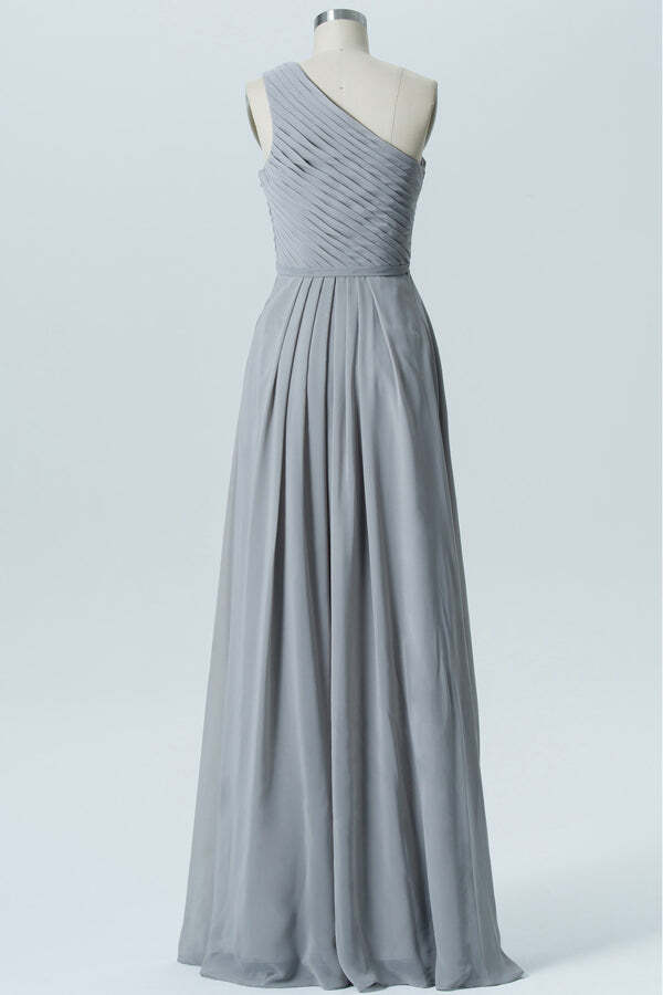 Grey One Shoulder Pleated Chiffon Long Bridesmaid Dress