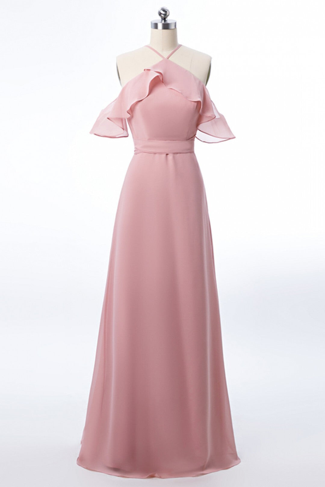 Halter Blush Pink Chiffon Long Bridesmaid Dress