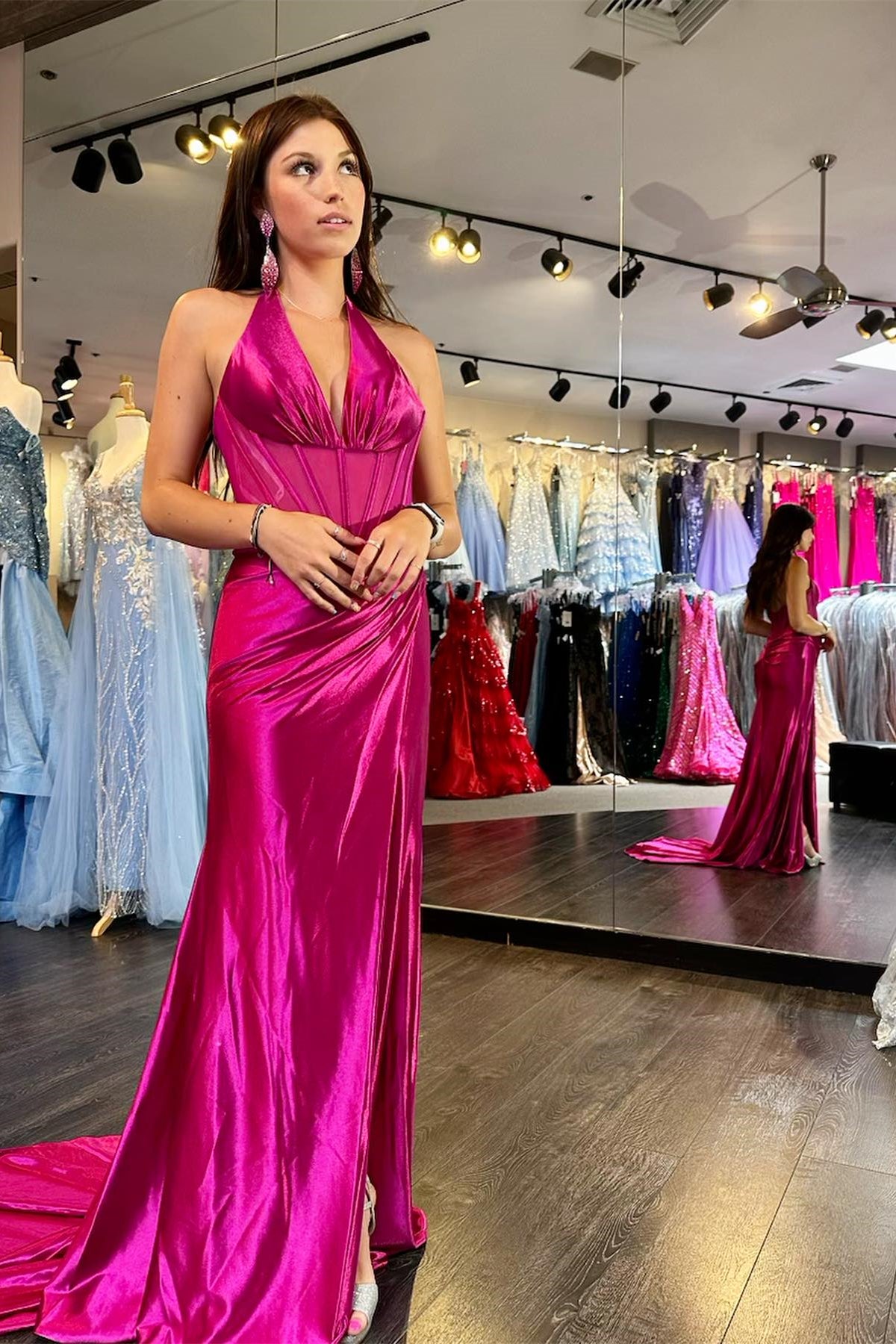 Halter Fuchsia Draped Mermaid Long Prom Dress