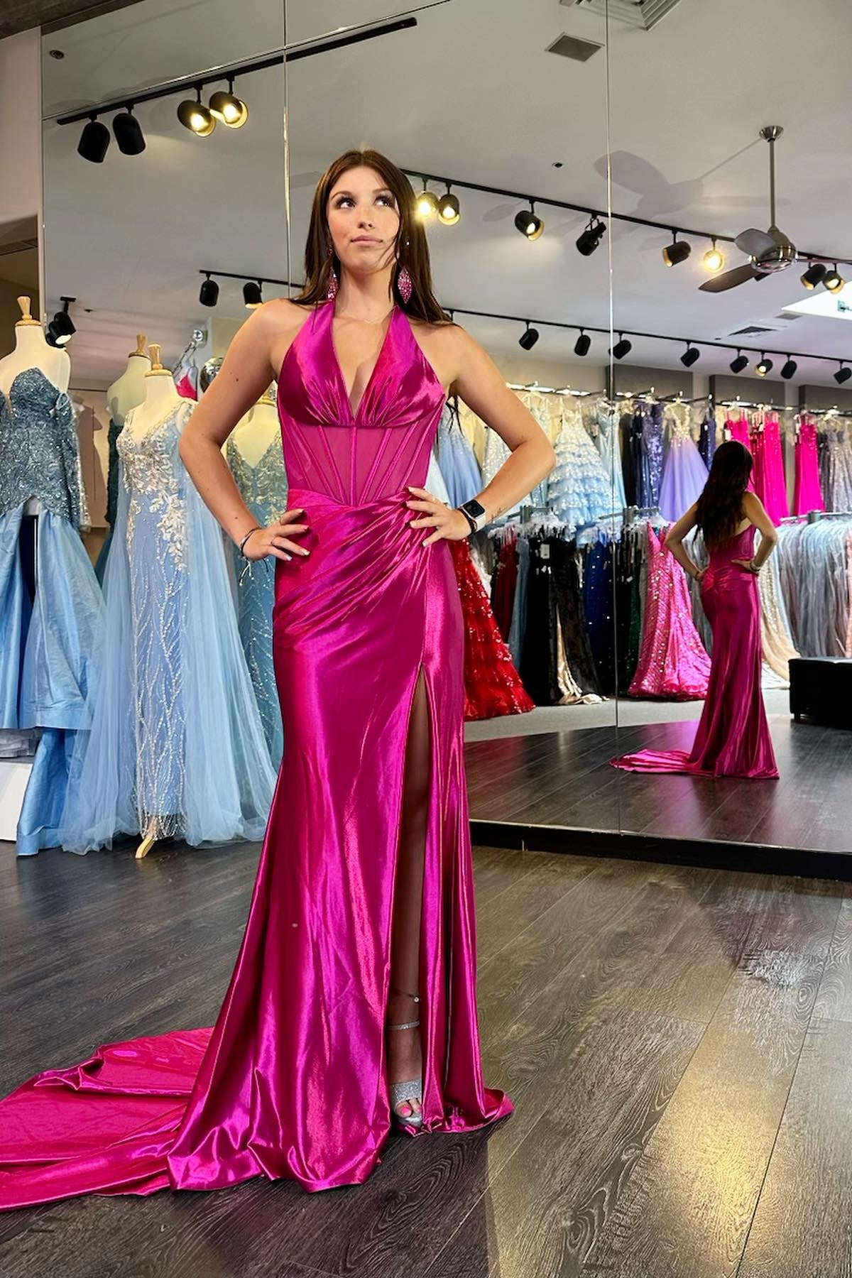 Halter Fuchsia Draped Mermaid Long Prom Dress