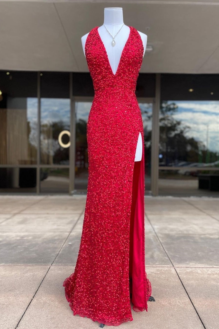 Halter Red Sequin Mermaid Side Slit Prom Dress