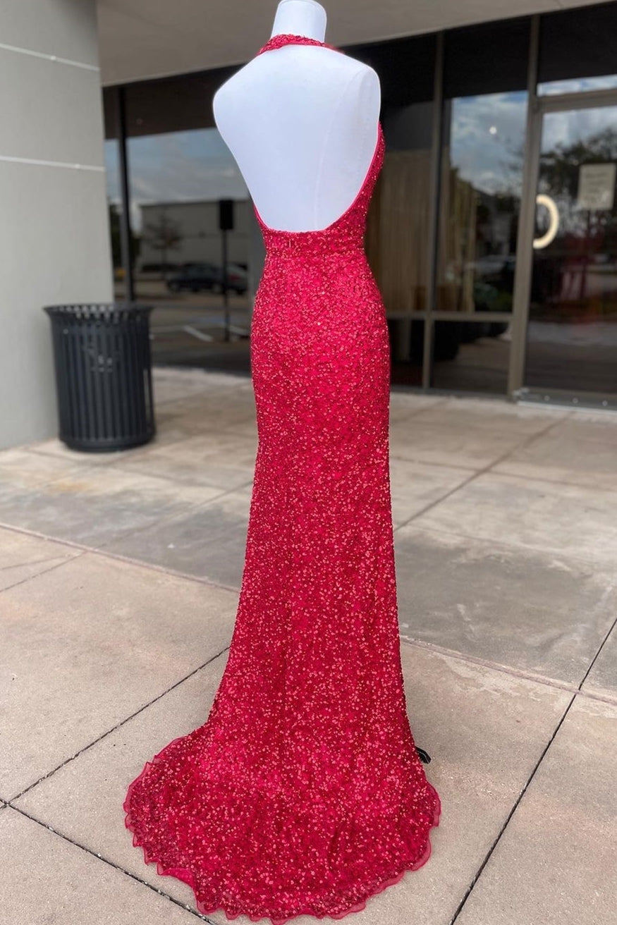 Halter Red Sequin Mermaid Side Slit Prom Dress