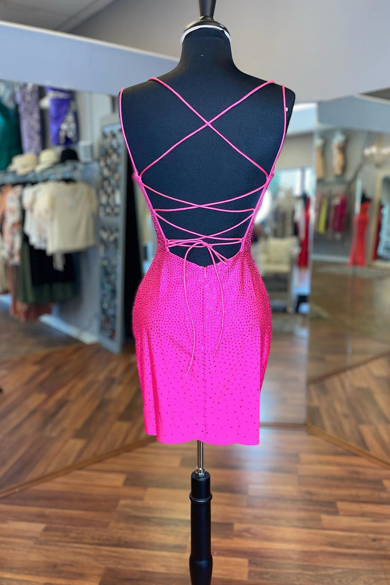 Handmade Beaded Hot Pink Straps Bodycon Mini Party Dress