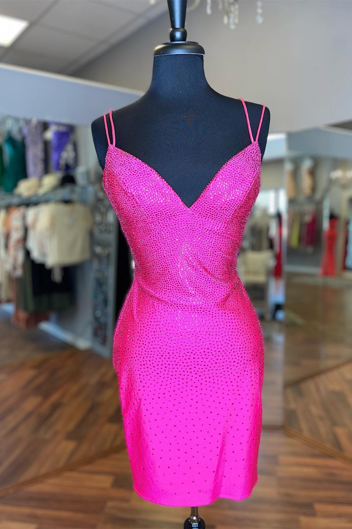 Handmade Beaded Hot Pink Straps Bodycon Mini Party Dress – Dressesforparty