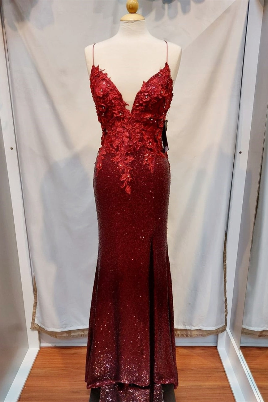 Handmade Wine Red Sequin Mermaid Long Prom Dress