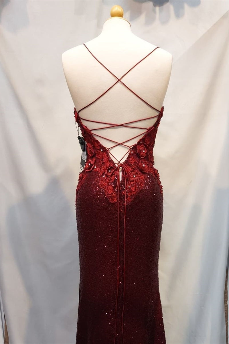 Handmade Wine Red Sequin Mermaid Long Prom Dress