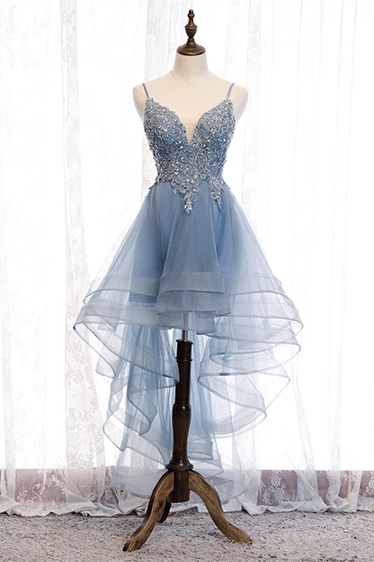High Low Blue Lace Appliques Party Dress