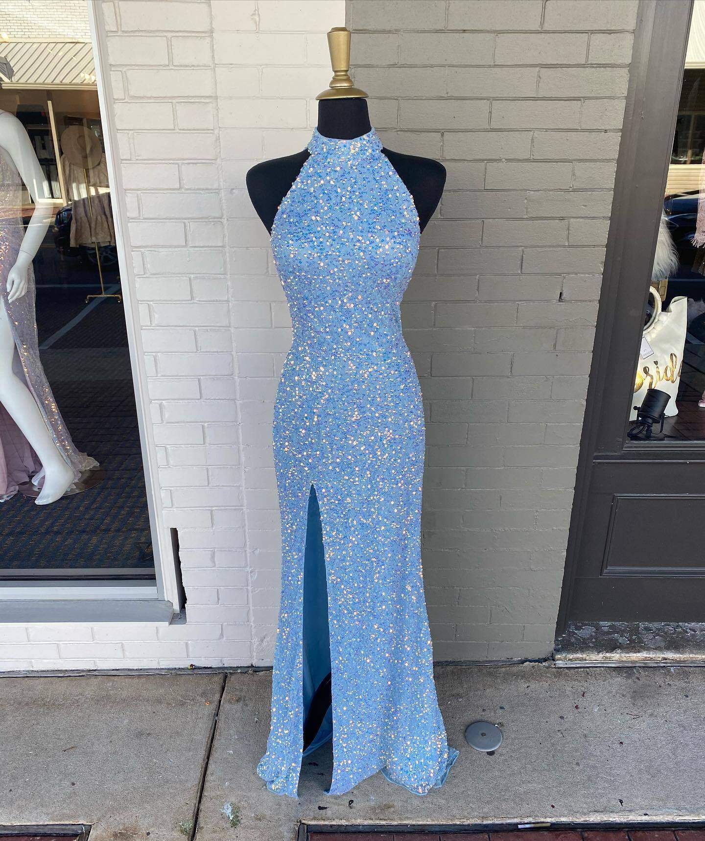 High Neck Baby Blue Sequin Mermaid Long Formal Dress