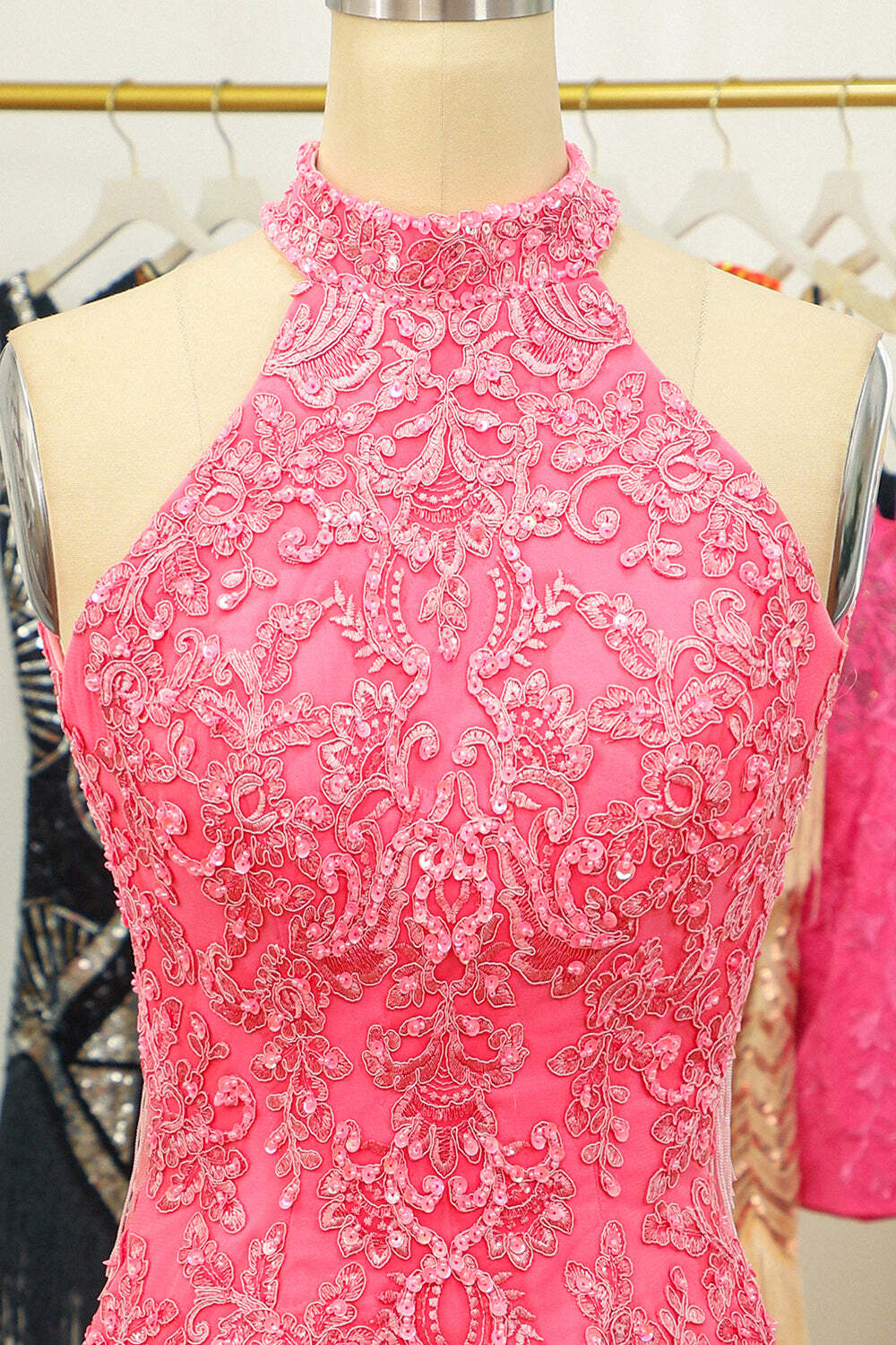 High Neck Hot Pink Lace Appliques Bodycon Mini Party Dress
