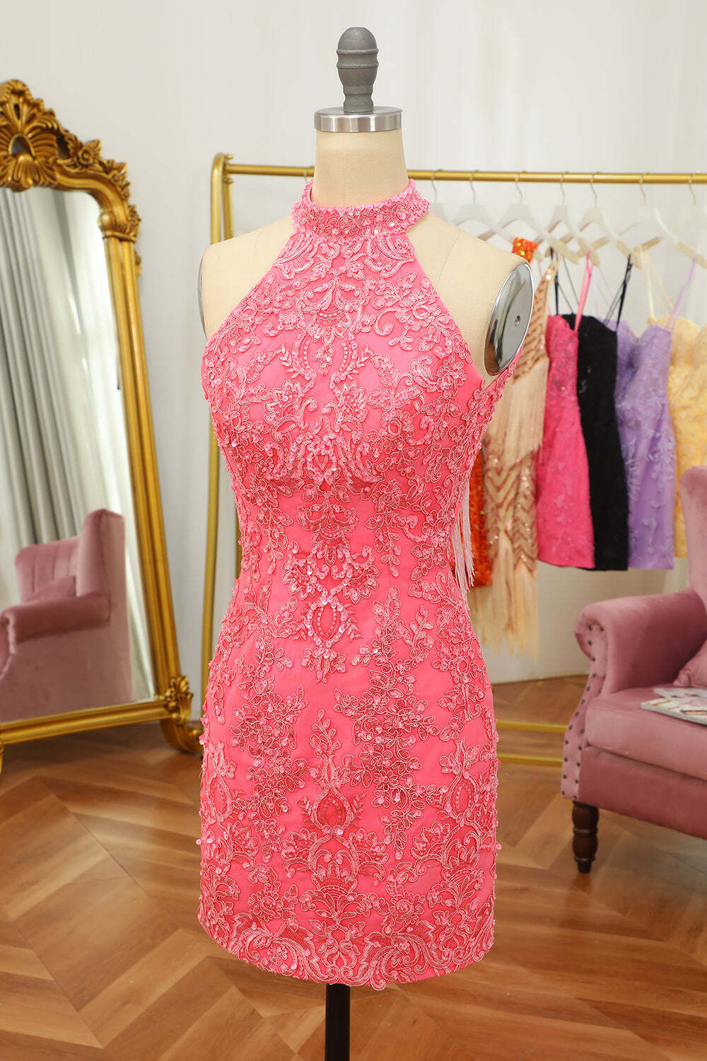 High Neck Hot Pink Lace Appliques Bodycon Mini Party Dress