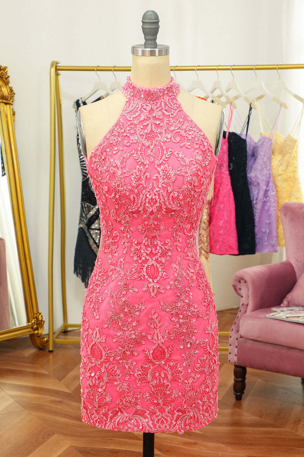 High Neck Hot Pink Lace Appliques Bodycon Mini Party Dress
