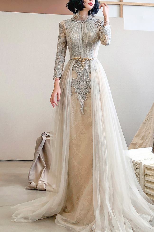 High Neck Light Champagne Long Sleeves Evening Dress