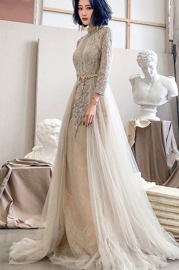 High Neck Light Champagne Long Sleeves Evening Dress Dressesforparty High Neck Light Champagne Long Sleeves Evening Dress Dressesforparty