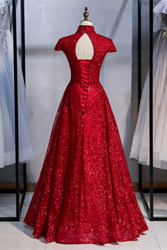High Neck Red Long Formal Dress with Key Hole