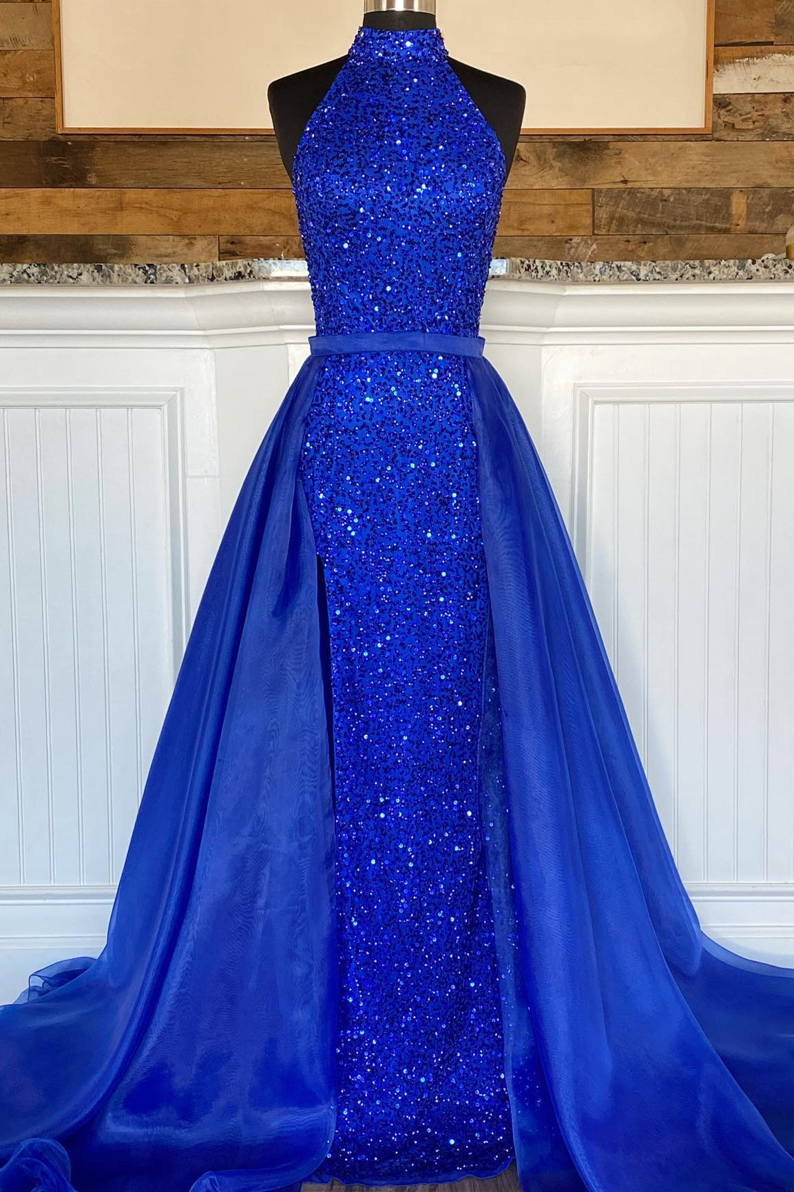 High Neck Royal Blue Sequin Mermaid Long Formal Dress with Detachable Train