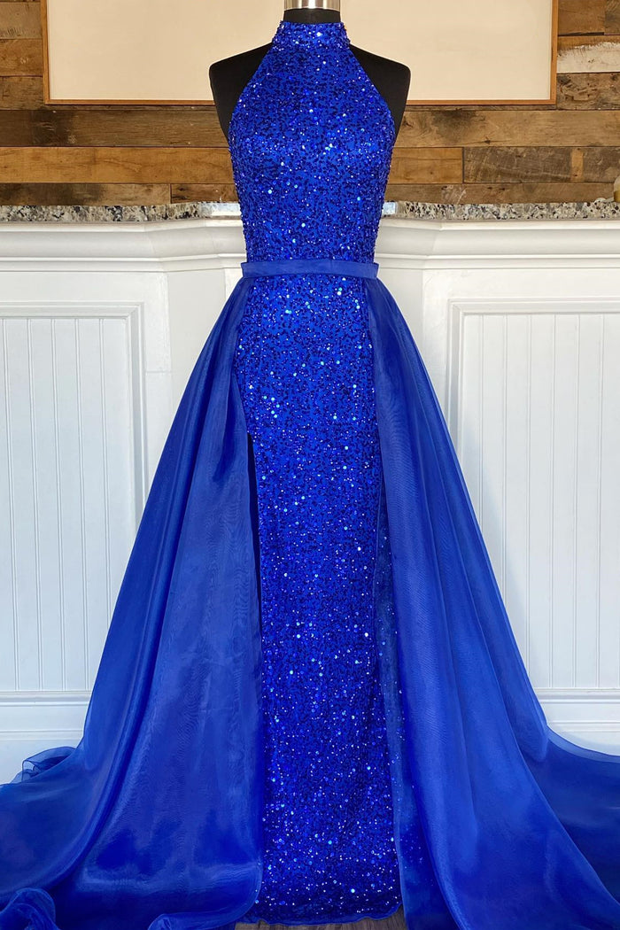 High Neck Royal Blue Sequin Mermaid Long Formal Dress with Detachable