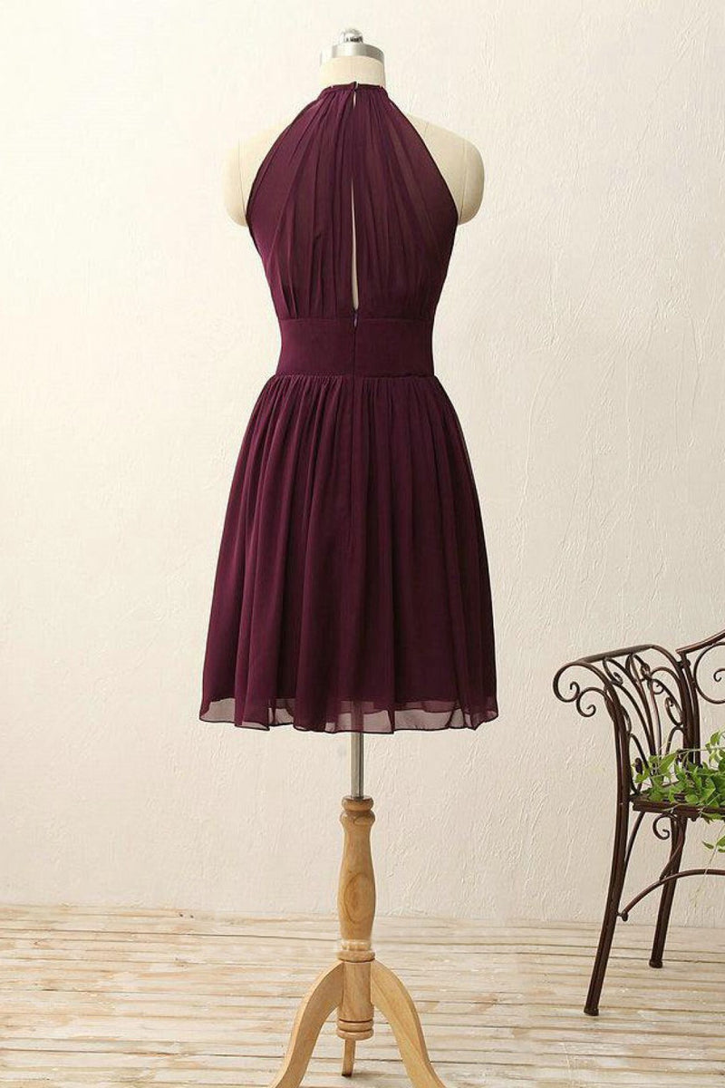 High Neck Short Plum Chiffon Bridesmaid Dress