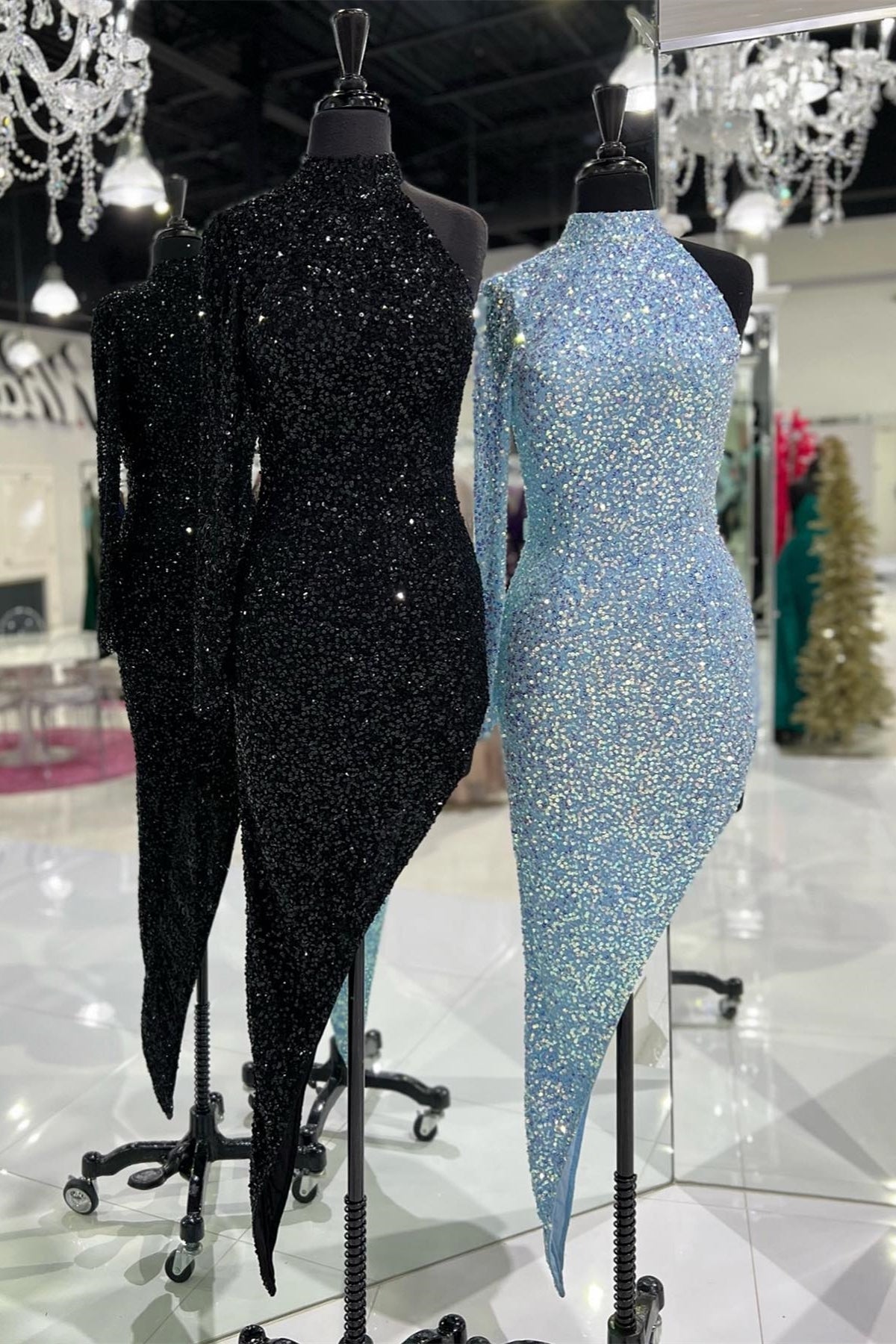 High Neck Tight Sequins Long Dress with Slit