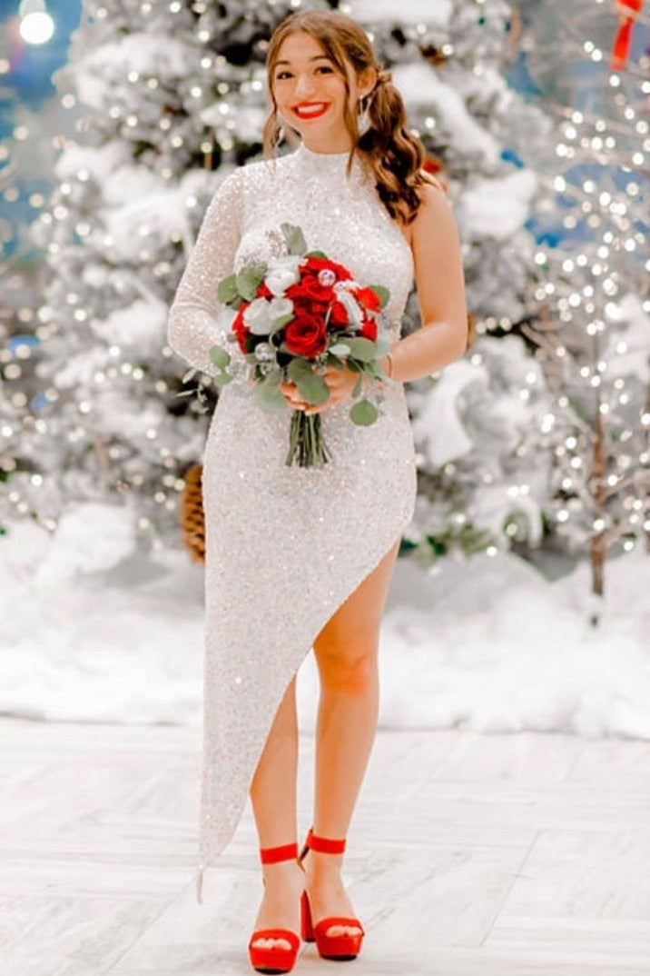 High Neck Tight Sequins Long Dress with Slit