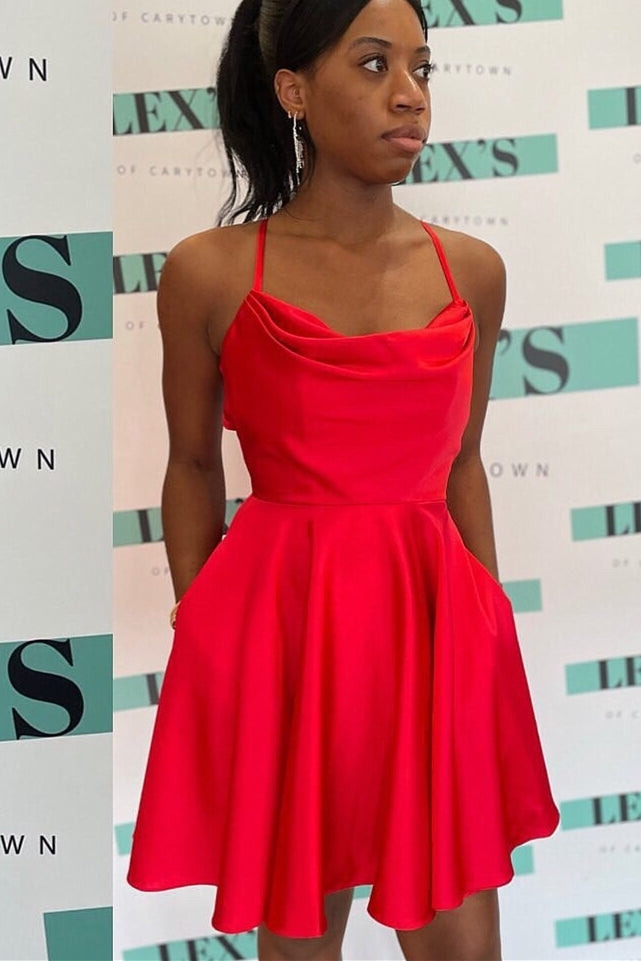 Red A-line Cowl Neck Short Homecoming Dress
