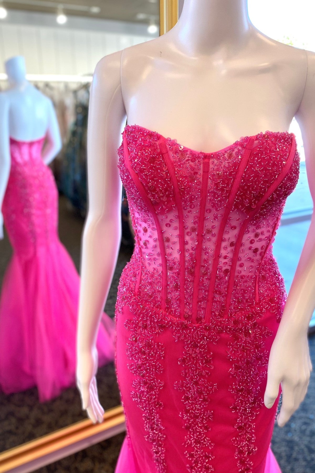 Hot Pink Beaded See Through Corset Mermaid Formal Dress – Dressesforparty