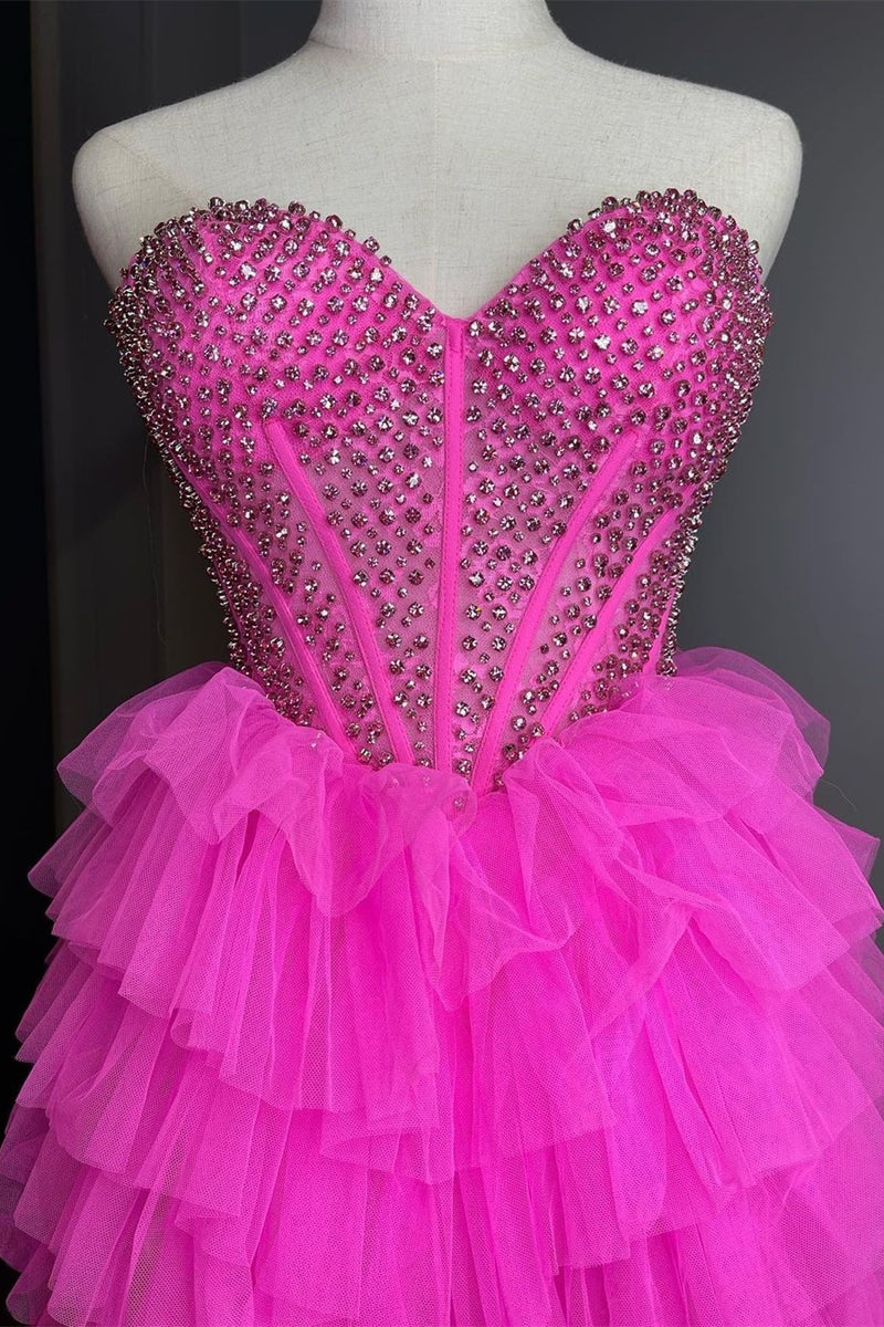Hot Pink Beaded Sweetheart High Low Layers Formal Gown