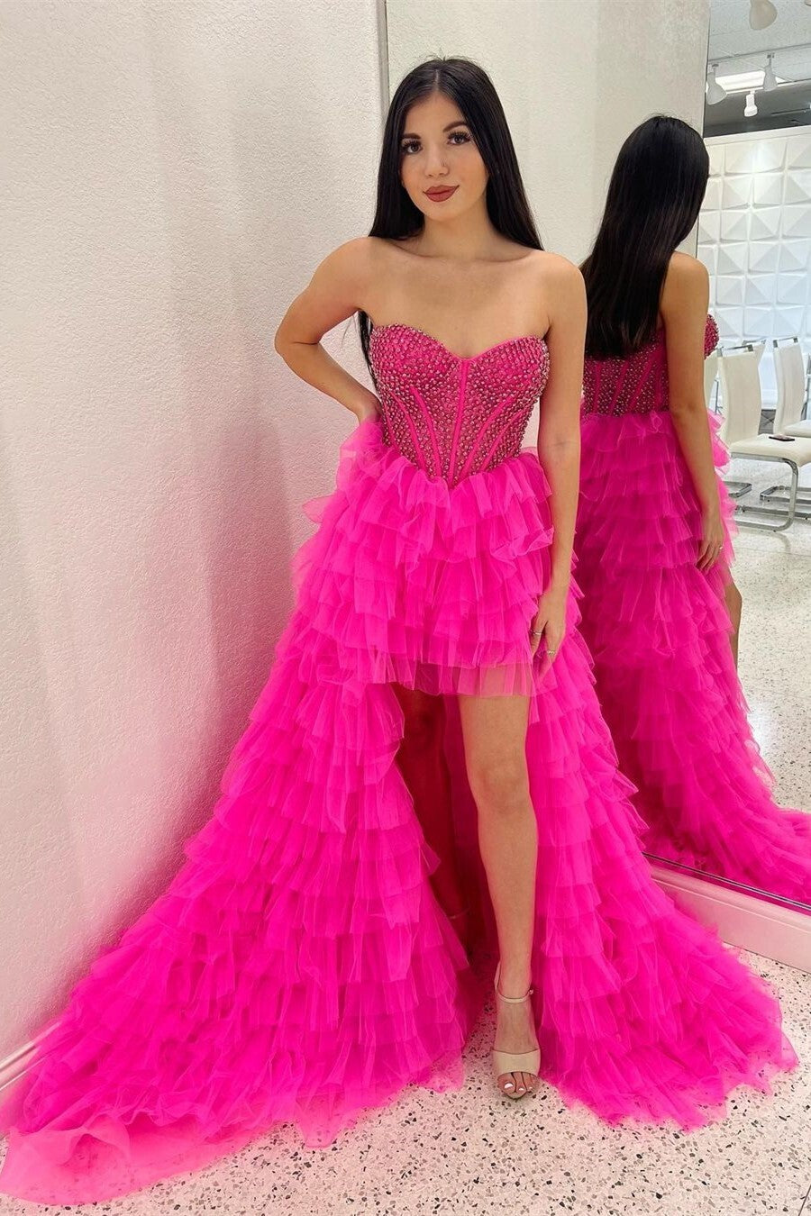 Hot Pink Beaded Sweetheart High Low Layers Formal Gown