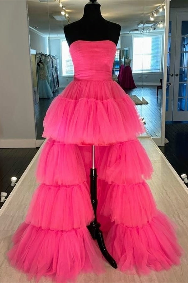 Hot Pink High Low Strapless Party Dress