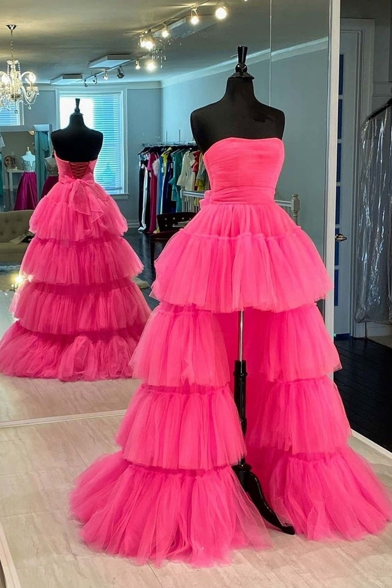 Hot Pink High Low Strapless Party Dress