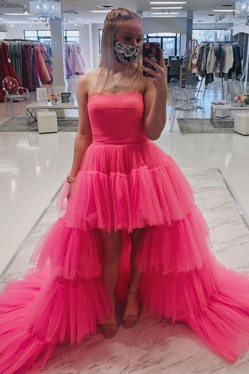 Hot Pink High Low Strapless Party Dress