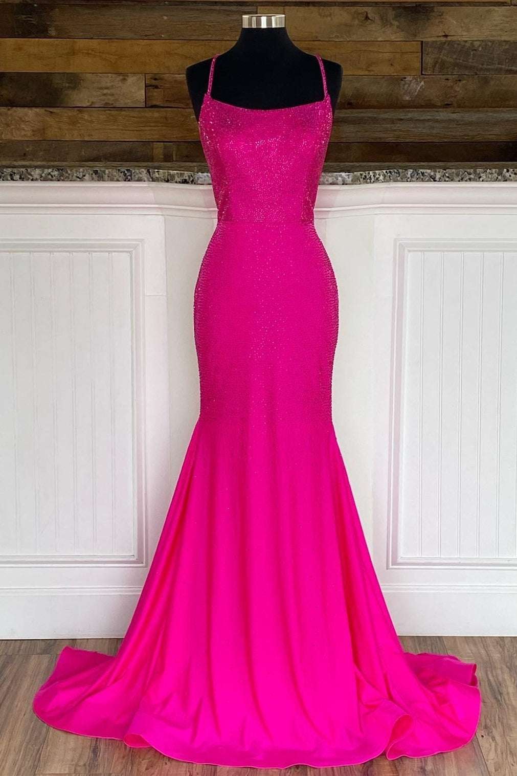Hot Pink Mermaid Long Formal Dress with Tie Back