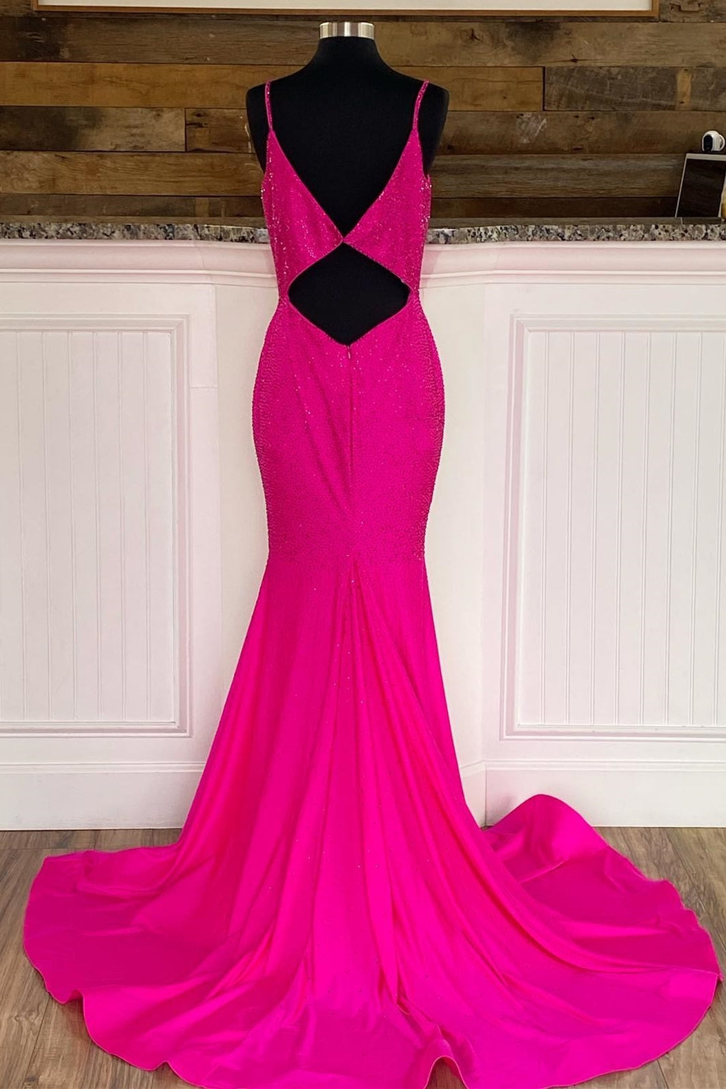 Hot Pink Mermaid Long Formal Dress with Tie Back