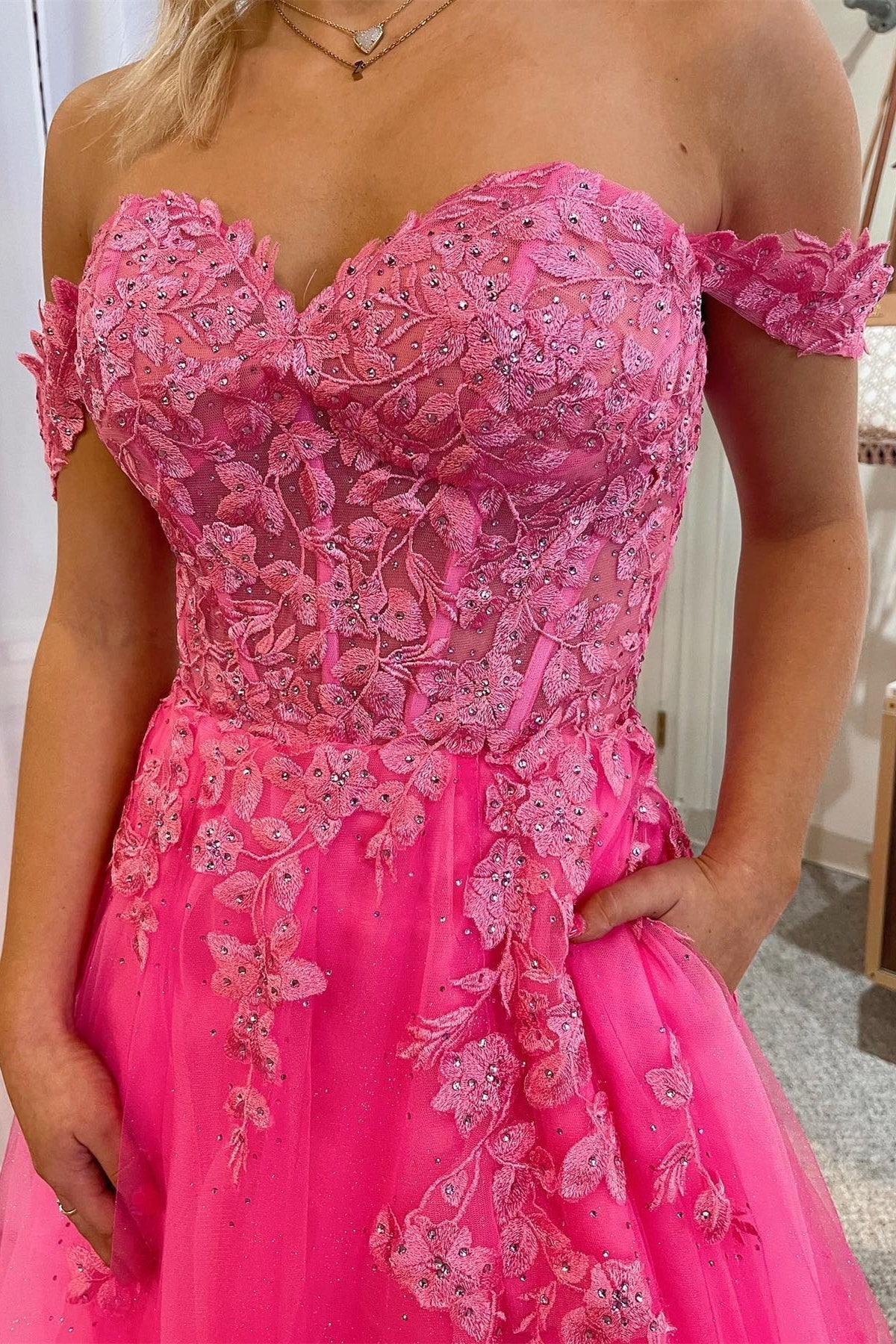 Hot Pink Off the Shoulder Appliques A-line Long Formal Dress