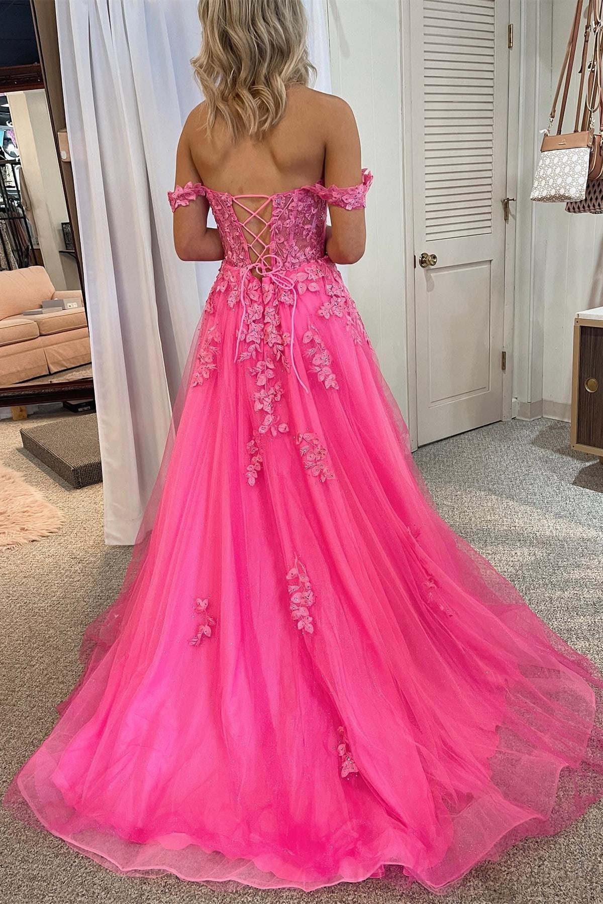 Hot Pink Off the Shoulder Appliques A-line Long Formal Dress
