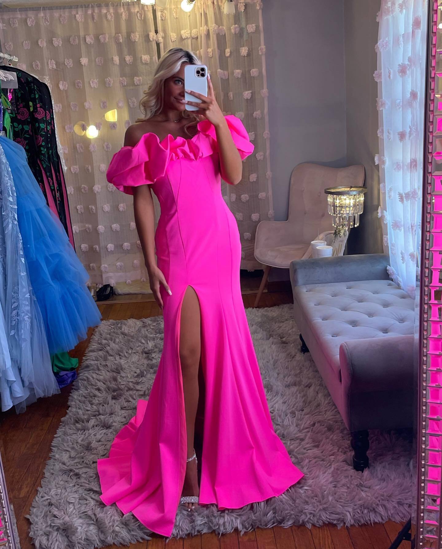Hot Pink Off the Shoulder Mermaid Long Formal Dress with Slit