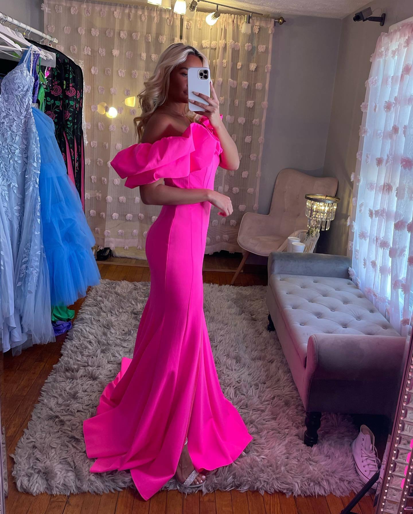 Hot Pink Off the Shoulder Mermaid Long Formal Dress with Slit