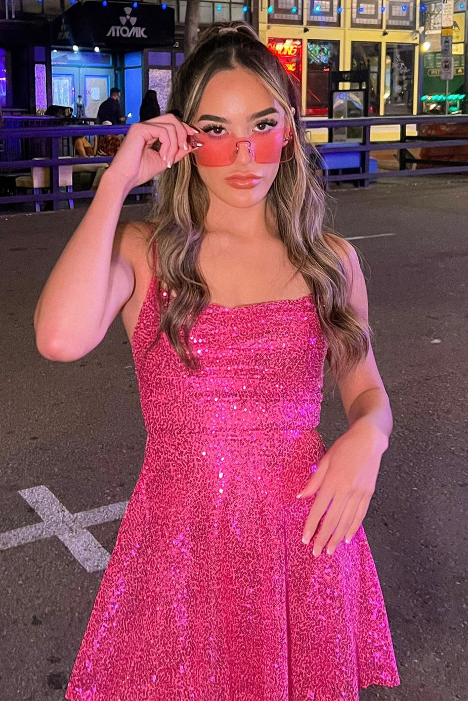 Hot Pink Sequin A-line Mini Dress Dressesforparty Hot Pink Sequin A-line Mini Dress Dressesforparty