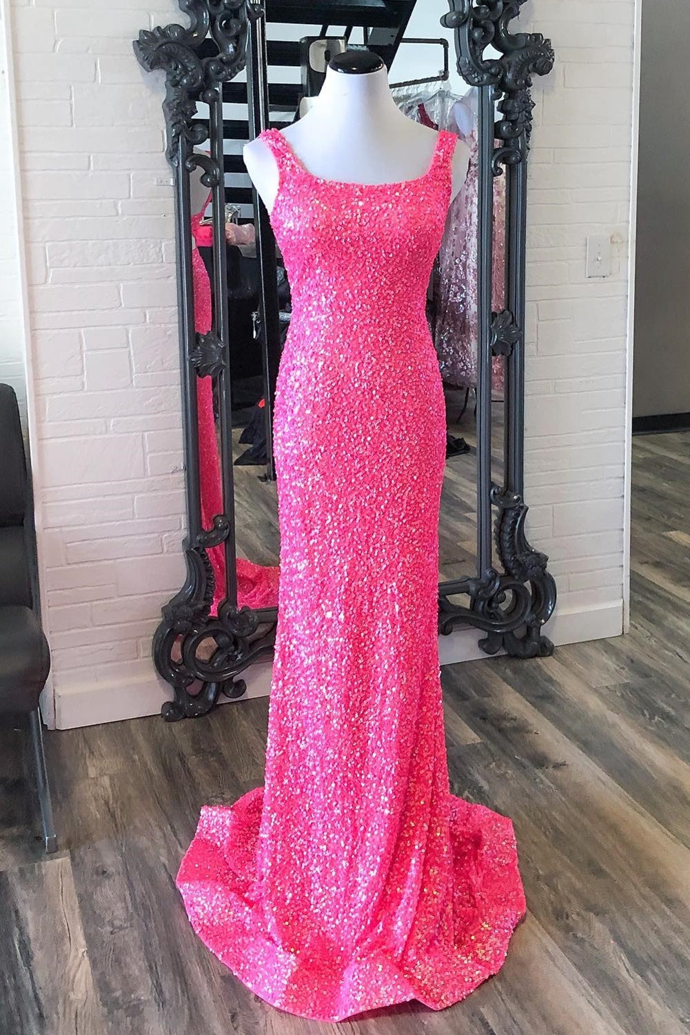 Hot Pink Sequin Mermaid Long Formal Dress