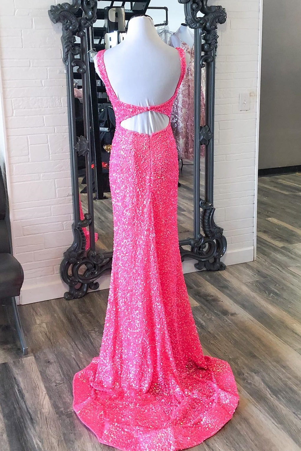 Hot Pink Sequin Mermaid Long Formal Dress