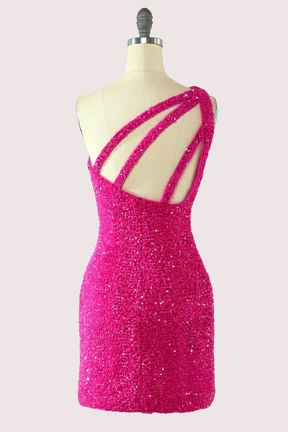 Hot Pink Sequins One Shoulder Mini Bodycon Dress