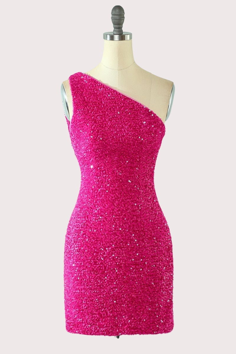 Hot Pink Sequins One Shoulder Mini Bodycon Dress