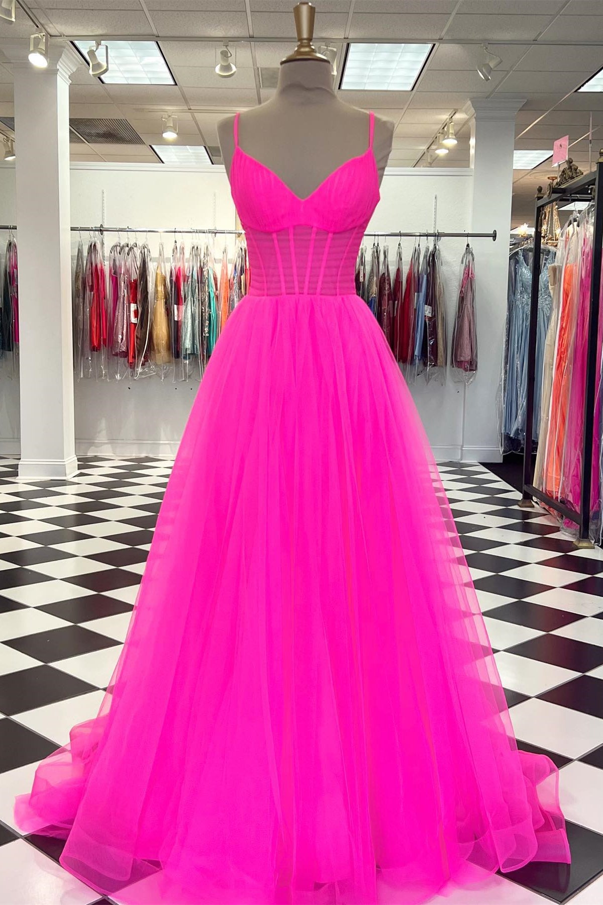 Hot Pink Sheer Corset A-line Formal Dress