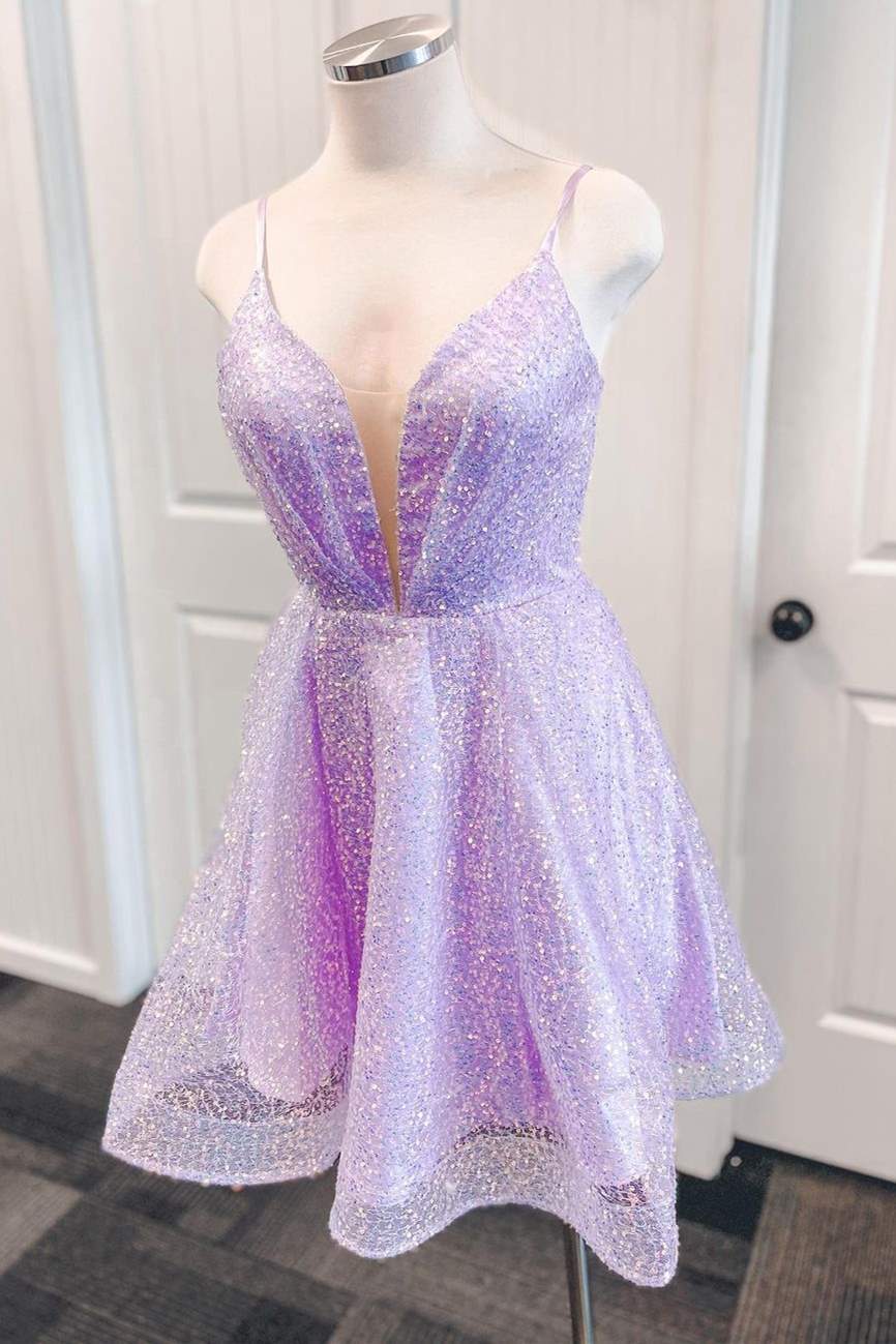 Lavender A-line Shiny Party Dress with Lace Up Back 