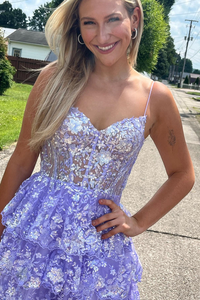 Lavender Appliques Tiered Ruffle Short A-line Homecoming Dress