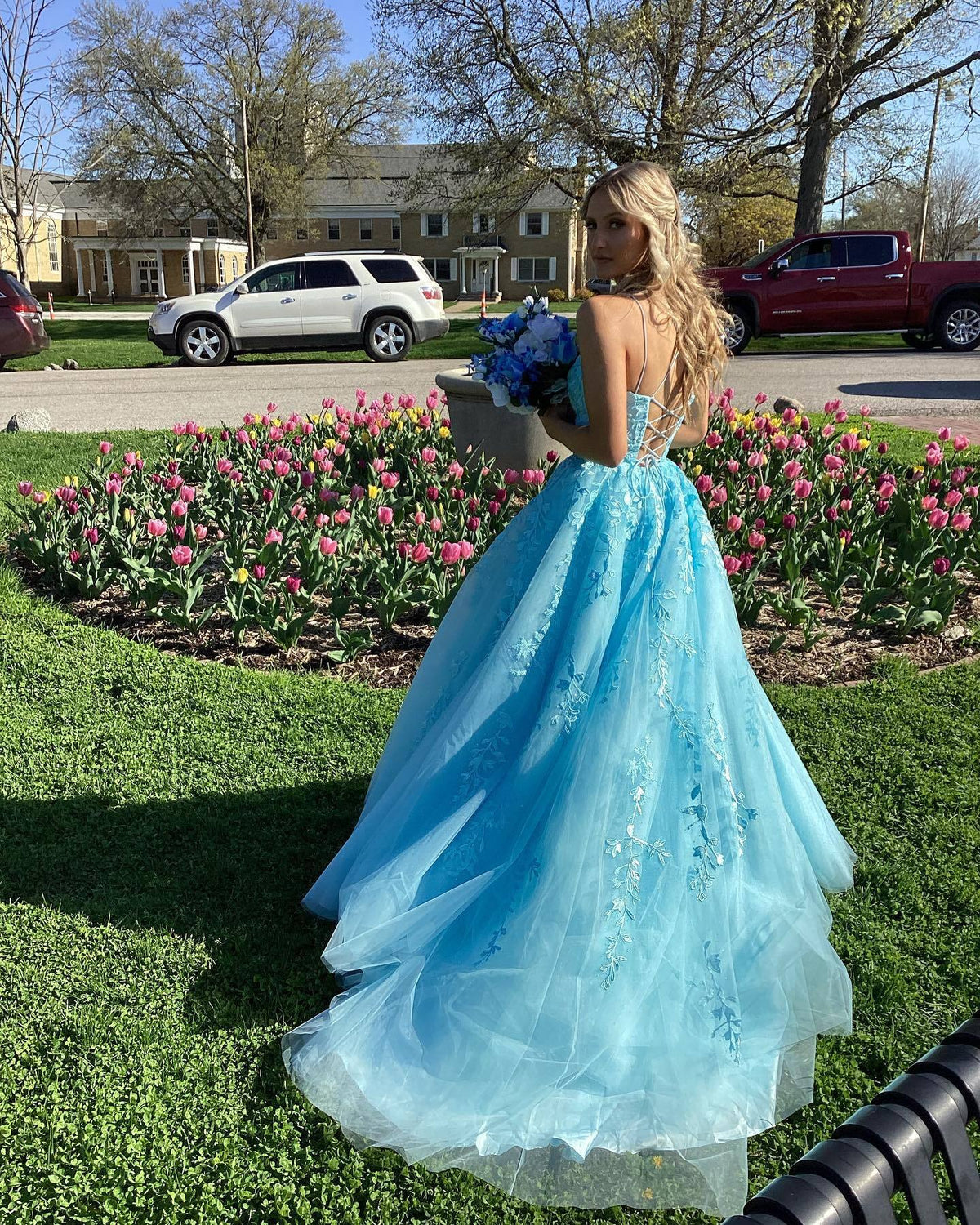 Lavender Lace Appliques A-line Long Prom Dress