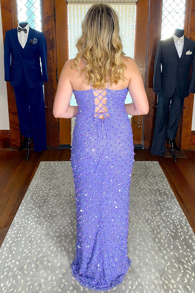 Lavender Sequin Mermaid Long Formal Dress with Slit