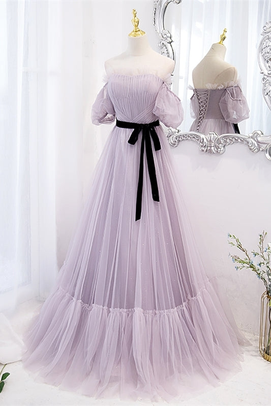 Lavender Soft Tulle Off the Shoulder Long Prom Dress