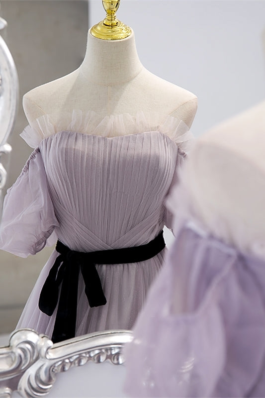 Lavender Soft Tulle Off the Shoulder Long Prom Dress