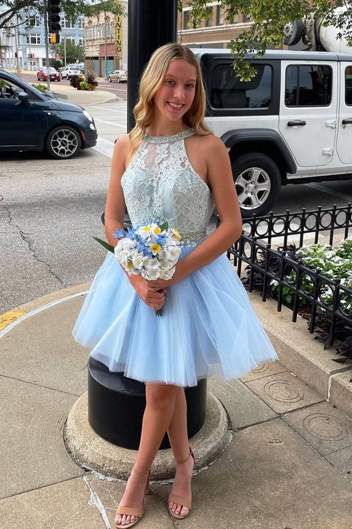 Light Blue A-line Lace and Tulle Short Homecoming Dress