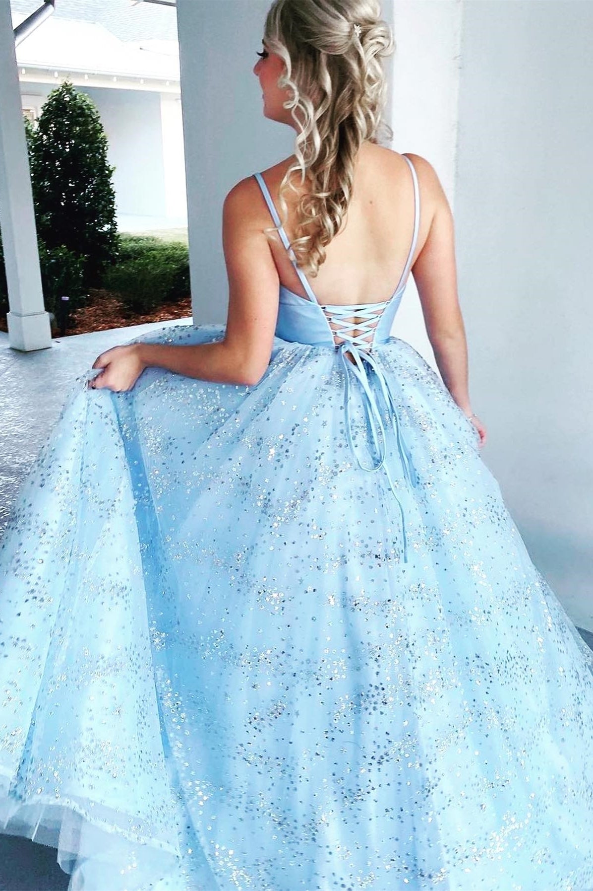 Light Blue A-line Spaghetti Straps Long Formal Dress